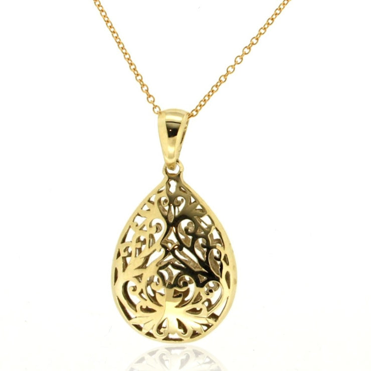 Holdsworth 9K Yellow Gold 22.5 mm Hollow Filagree Teardrop Pendant.