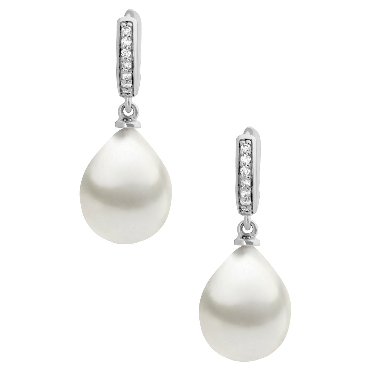 925 Sterling Silver, Diamond set (0.09ct) Petite Huggie Earrings featuring a pair of 9mm South Sea Pearls.