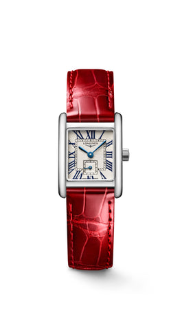 LONGINES MINI DOLCEVITA - Silver "flinque" dial with red alligator strap
