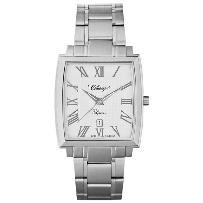 Gents Classique Elegance quartz watch with white dial, date and water risistent to 50 meters. Stainless steel construction with matching wrist band. Diameter 38mm