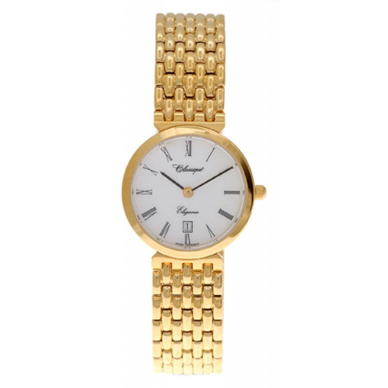 Ladies Classique quartz watch with white dial, date and water resistant to 50 meters.