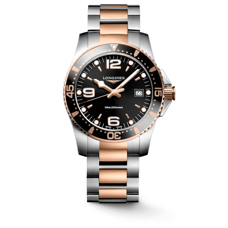 Gents Longines Black Sunray quartz watch with black dial, date and water resistant to 300 meters.