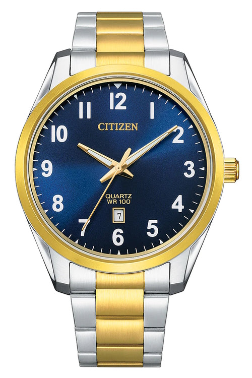 Gents Citizen Dress Quartz Watch with blue dial and stainless steel two tone bracelet.