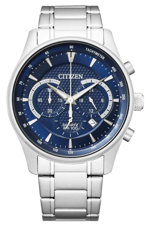 Gents Citizen Chronograph Quartz Watch with blue dial and stainless steel bracelet.