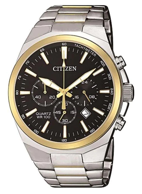 Gents Citizen Chronograph Quartz Watch with black dial and stainless steel bracelet.