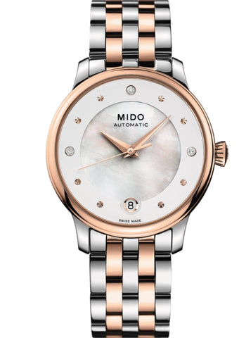 Ladies Baroncelli Mido White Mother of Pearl and Diamond Dial Watch.