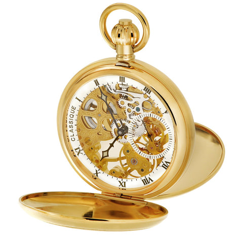 Classique Mechanical Skeleton Wind up Pocket Watch with Gold Plated Construction.