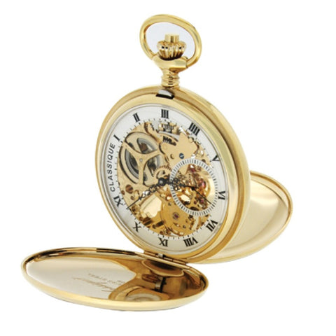 Classique Mechanical Skeleton Wind up Pocket Watch with Gold Plating.