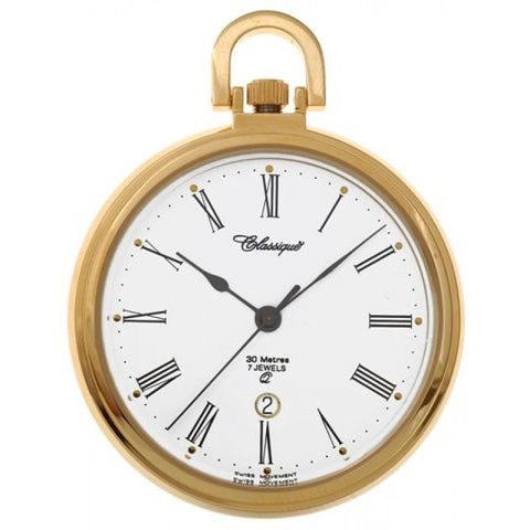Classique quartz Pocket Watch with White enamel Roman Numeral Dial.