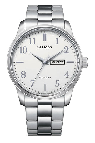 Citizen Gents Dress Eco-Drive watch with white dial, stainless steel case and band.