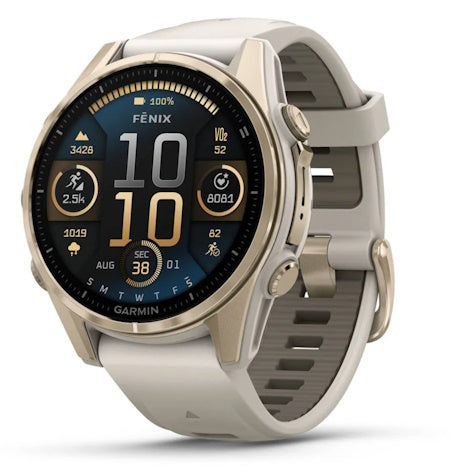Garmin f&#275;nix&nbsp;8 - Sapphire Soft Gold with Fog Grey/Dark Sandstone Silicone Band.