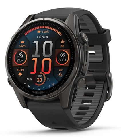 Garmin f&#275;nix 8 - Sapphire Carbon Grey DLC Titanium with Black/Pebble Grey Silicone Band.